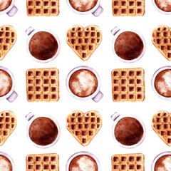 Watercolor seamless pattern with waffles of various shapes, strawberries, coffee and chocolate