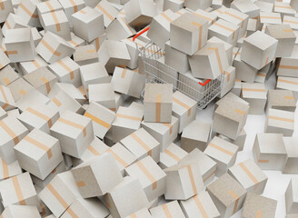 Shopping cart with many paper box scene 3d rendering business online wallpaper backgronds