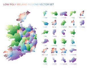 Irish low poly regions. Polygonal map of Ireland with regions. Geometric maps for your design. Elegant vector illustration.