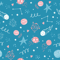 Seamless space pattern. Rockets, stars, planets, the solar system, constellations, cosmic elements.