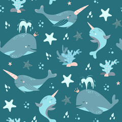 Cute seamless pattern with whale, narwhal, octopus, jellyfish, starfish, crab.