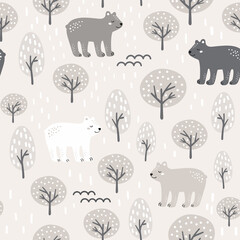 Semless woodland pattern with cute bear