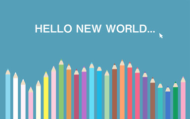 HELLO NEW WORLDと書かれた色鉛筆のグラフィック素材のベクターイラスト