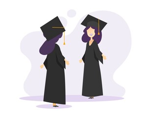 Graduation students in gown and hats talking or university female pupils in academic uniforms celebrating vector flat cartoon characters illustration