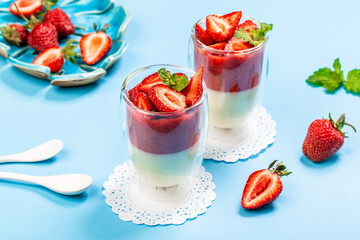 Traditional italian dessert vanilla strawberry panna cotta. banner menu recipe place for text