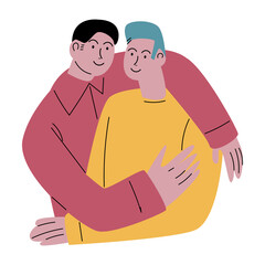 Two happy smiling best friends standing and hugging. Vector illustration in flat cartoon style.