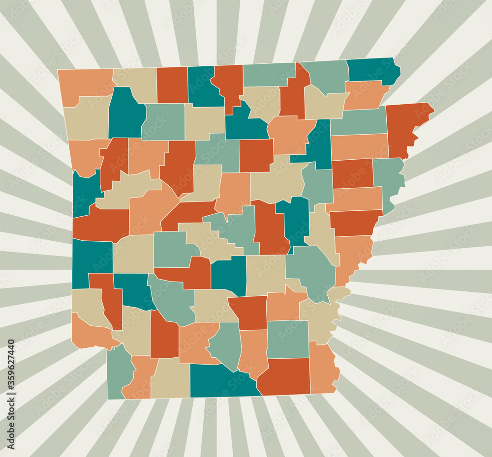 Poster arkansas map. poster with map of the us state in retro color palette. shape of arkansas with sunburs