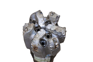 oil drilling equipment for workover. Used oil drilling bit head. Tricone Oil Drill Bits isolated on white background.