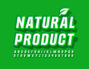 Vector Green banner Natural Product with Leaf. Sticker style Font. Creative Alphabet Letters and Numbers