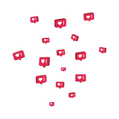 Like 3d icons flying on white background. Comment and follower symbol. Social media elements. Counter notification border. Social network composition. Emoji reactions. Vector illustration