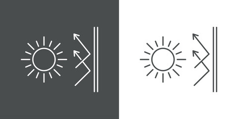 Concepto vacaciones de verano. Protección solar. Icono plano lineal sol y flechas rebotando en pared en fondo gris y fondo blanco - obrazy, fototapety, plakaty
