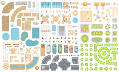 Set of cityscape. Elements of the street. Top view. Road, cars, people, furniture, playground, flowerbed. View from above. 