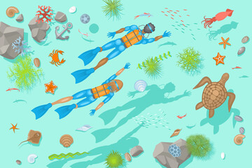Naklejka na ściany i meble Vector illustration. Diving at the bottom of the sea. (Top view) Divers, rocks, fish, turtle, crab, stars, shells. (View from above)