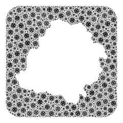 Covid-2019 virus map of Lodz Province collage designed with rounded square and carved shape. Vector map of Lodz Province mosaic of covid-2019 particles in variable sizes and grey color tinges.