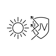 Concepto vacaciones de verano. Crema solar. Icono plano lineal palabra UV en escudo con sol y flechas en color negro