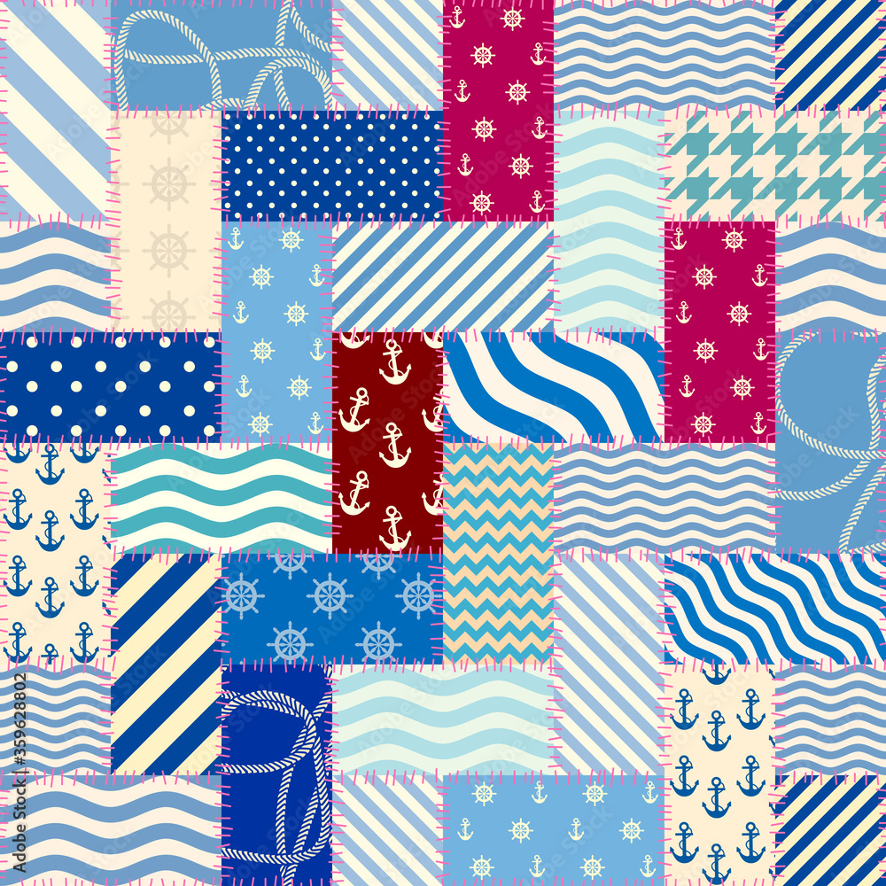 Poster patchwork seamless pattern in marine style.