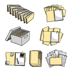 Office paper file folder. Office paper documents, file folders and some office stationery. Vector illustration collection set. 