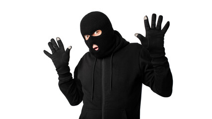Arrested masked thief with raised arms isolated on white wall