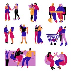 Set of happy homosexual lesbian couples in different life situations. Vector illustration in the flat cartoon style.