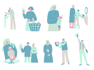 Set of happy smiling different people with antibacterial hand sanitizer. Vector illustration in cartoon style.