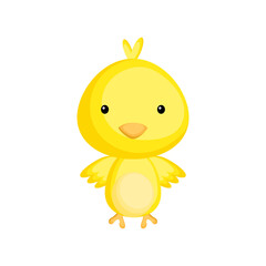 Cute funny baby chicken isolated on white background. Adorable animal character for design of album, scrapbook, card and invitation. Fun zoo. Flat cartoon colorful vector illustration.