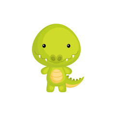 Cute funny baby crocodile isolated on white background. Adorable animal character for design of album, scrapbook, card and invitation. Fun zoo. Flat cartoon colorful vector illustration.