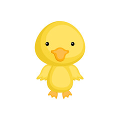 Cute funny baby duck isolated on white background. Adorable animal character for design of album, scrapbook, card and invitation. Fun zoo. Flat cartoon colorful vector illustration.