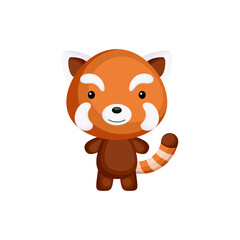 Cute funny baby red panda isolated on white background. Adorable animal character for design of album, scrapbook, card and invitation. Fun zoo. Flat cartoon colorful vector illustration.