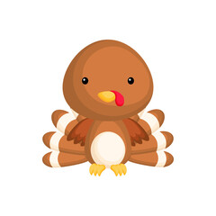 Cute funny baby turkey isolated on white background. Adorable animal character for design of album, scrapbook, card and invitation. Fun zoo. Flat cartoon colorful vector illustration.