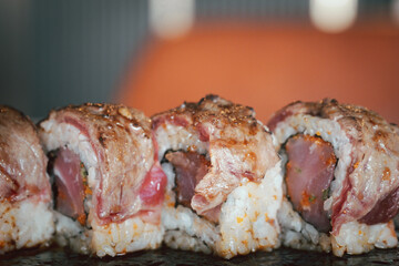Close up Wagyu sushi. A popular Japanese food