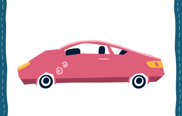 Little girl cute cartoon pink sportcar, illustration isolated on white . Vector