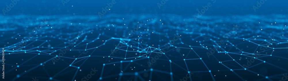 Fototapete Network of bright connected dots and lines. Abstract dynamic wave of many points. Digital background. 3D rendering.