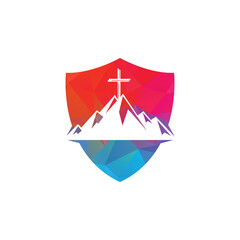 Shield Baptist cross in mountain logo design. Cross on top of the mountain. Church and Christian organization logo.	