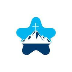 Baptist cross in mountain logo design. Cross on top of the mountain and star shape logo. Church and Christian organization logo.	