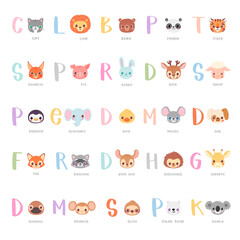 Cute children alphabet. Zoo ABC with animal faces. Cartoon lion, cat, panda, rabbit, deer, bear, monkey, raccoon, koala, sloth, tiger etc. heads with big letters for kids learning English vocabulary