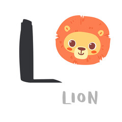Cute children alphabet. Zoo ABC with animal face. Cartoon lion head with big L letter for kids learning English vocabulary