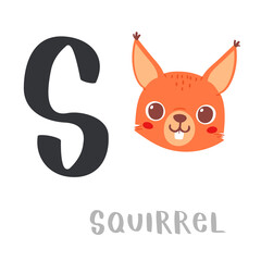 Cute children alphabet. Zoo ABC with animal face. Cartoon squirrel head with big S letter for kids learning English vocabulary