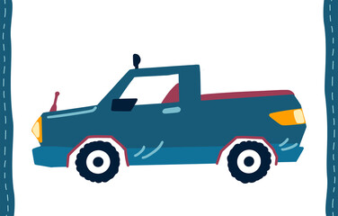 Little cute cartoon blue travel car, illustration isolated on white. Vector