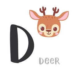 Cute children alphabet. Zoo ABC with animal face. Cartoon deer head with big D letter for kids learning English vocabulary