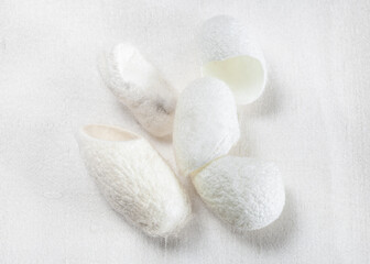 several natural silkworm cocoons for facial skin care on white silk cloth close up