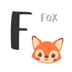 Cute children alphabet. Zoo ABC with animal face. Cartoon fox head with big F letter for kids learning English vocabulary