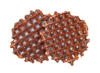 two sweet chocolate-covered waffles isolated on white background