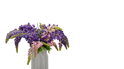 Isolated vase with bouquet of violet and pink flowers on a white background. Interior decoration of a house. Vintage style. Close up home interior.