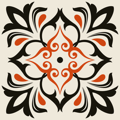 Black, red and beige Azulejo tile. Portuguese and Spain decor. Islam, Arabic, Indian, Ottoman motif. Vector Hand drawn pattern