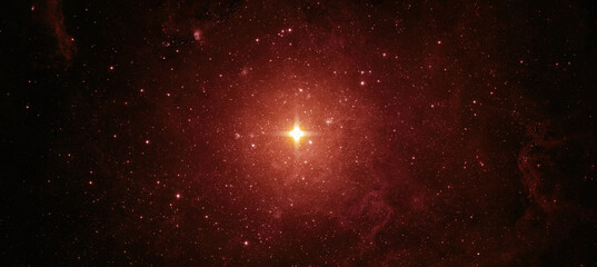 Beautiful night sky, star in the space. Red star on a background of the starry sky. Collage on space, science and education items. Elements of this image furnished by NASA.