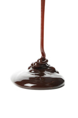 Melted chocolate is pouring, isolated on white background