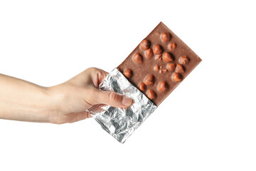 Female hand holding chocolate bar, isolated on white background