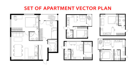 Architecture plan apartment set, studio, condominium, flat, house. One, two bedroom apartment. Interior design elements kitchen, bedroom, bathroom with furniture. Vector architecture plan. Top view.