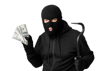 Masked thief holding money isolated over white wall
