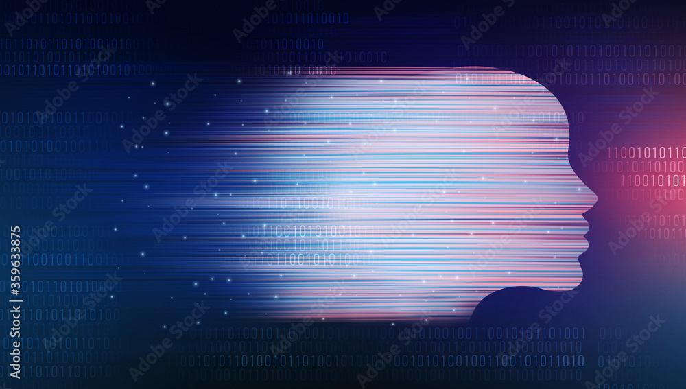 Poster Artificial intelligence. Conceptual illustration human head silhouette fading into binary code digits